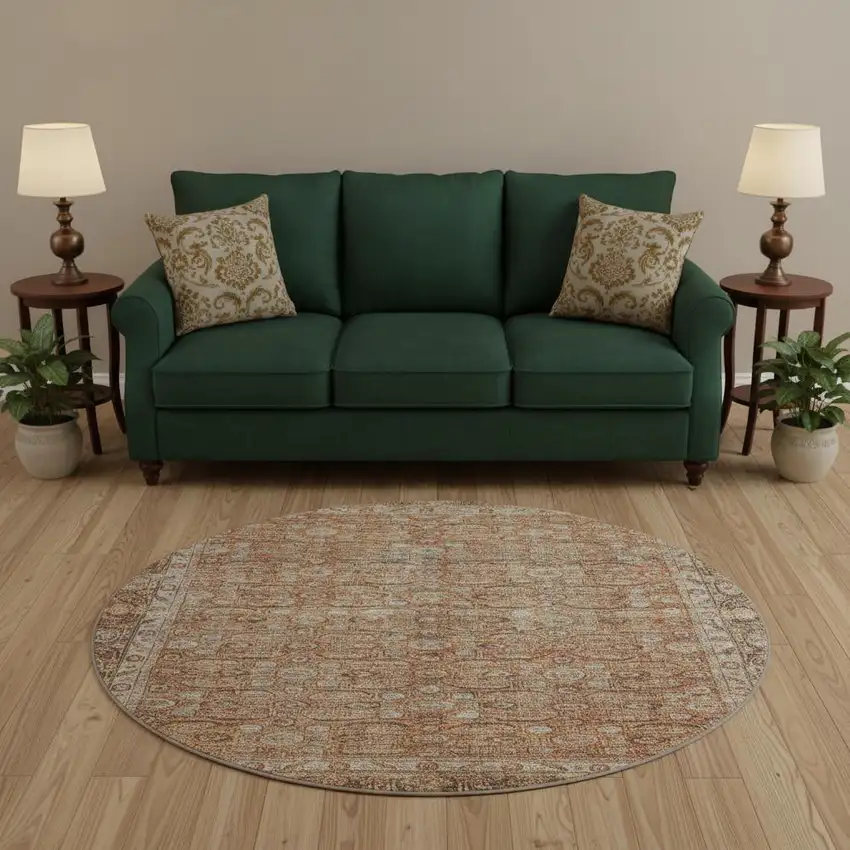 8' Copper And Beige Oriental Washable Round Rug With UV Protection Photo 2