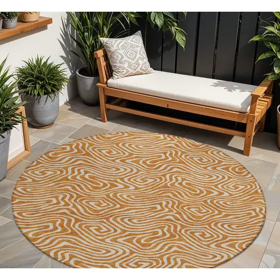8' Copper And Beige Round Abstract Washable Indoor Outdoor Area Rug Photo 1