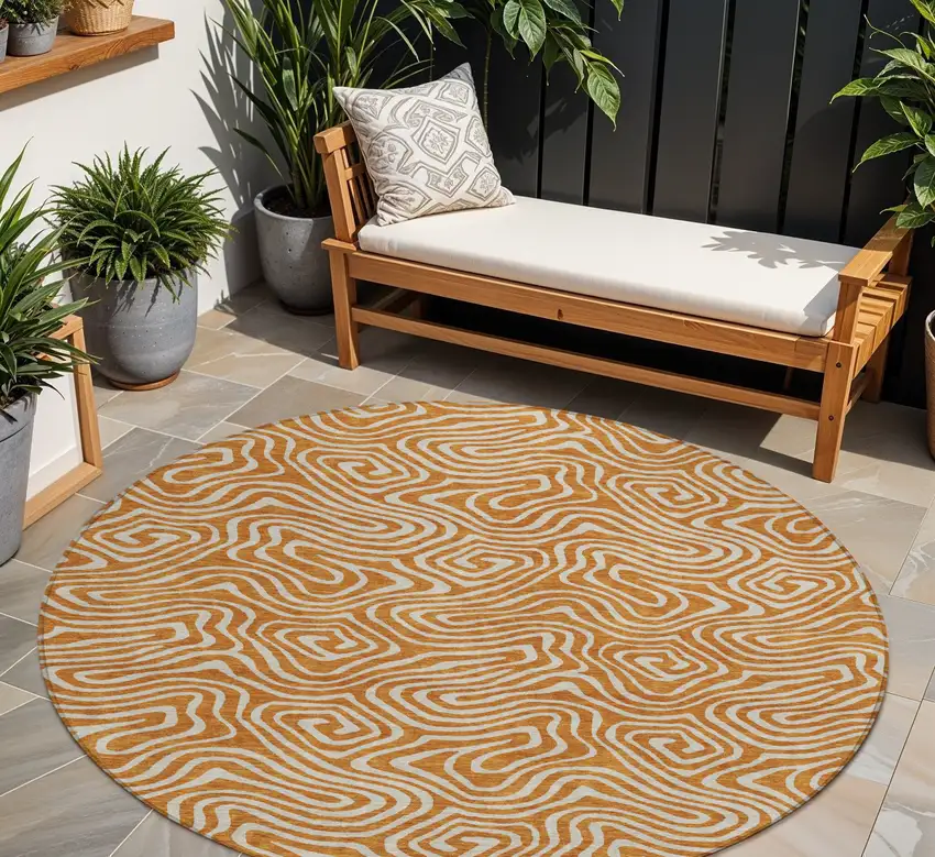 8' Copper And Beige Round Abstract Washable Indoor Outdoor Area Rug Photo 1