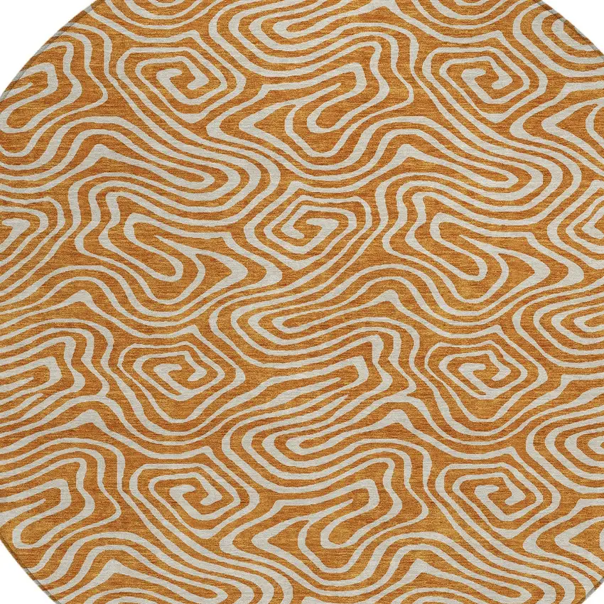 8' Copper And Beige Round Abstract Washable Indoor Outdoor Area Rug Photo 5