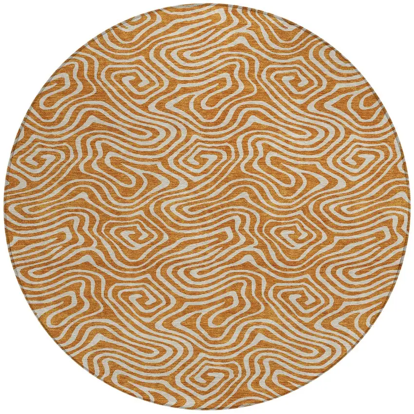 8' Copper And Beige Round Abstract Washable Indoor Outdoor Area Rug Photo 6