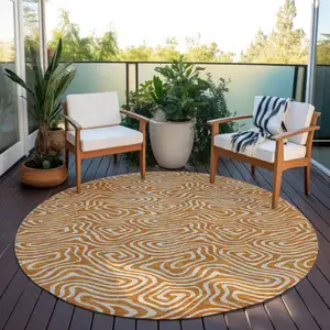 Photo of 8' Copper And Beige Round Abstract Washable Indoor Outdoor Area Rug