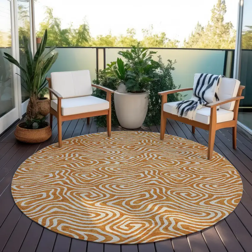 8' Copper And Beige Round Abstract Washable Indoor Outdoor Area Rug Photo 7