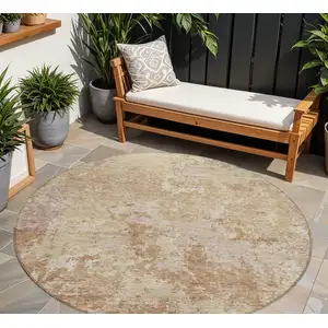 Photo of 8' Copper And Beige Round Abstract Washable Indoor Outdoor Area Rug