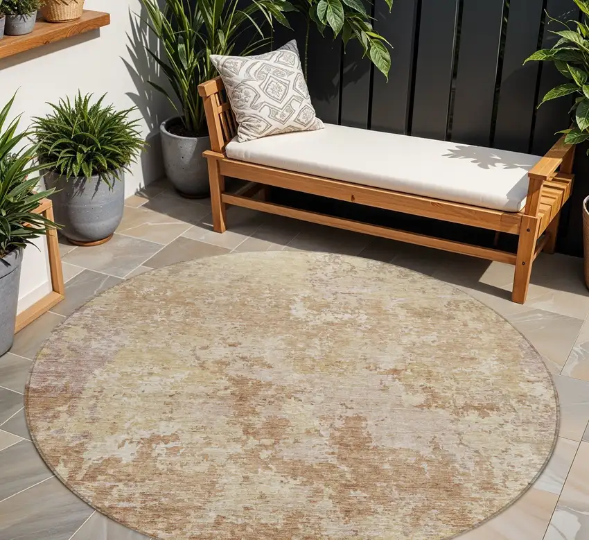 8' Copper And Beige Round Abstract Washable Indoor Outdoor Area Rug Photo 1