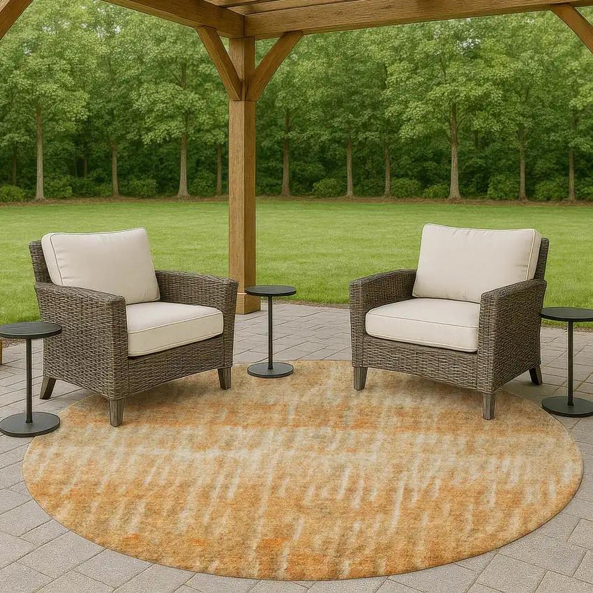 8' Copper And Beige Round Abstract Washable Indoor Outdoor Area Rug Photo 8