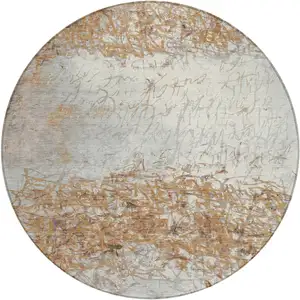 Photo of 8' Copper And Beige Round Abstract Washable Indoor Outdoor Area Rug