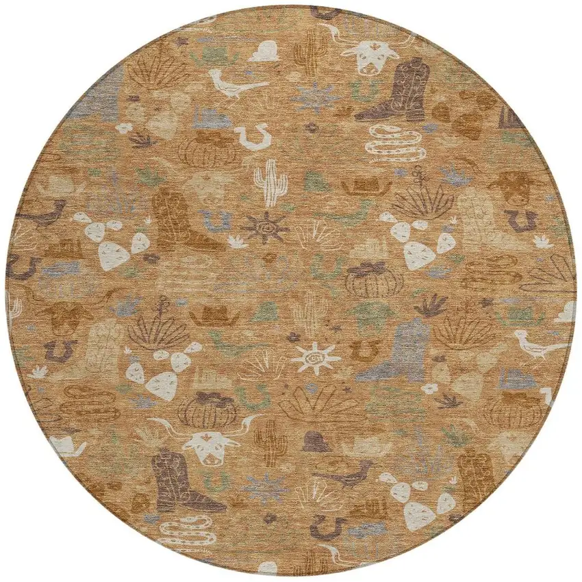 8' Copper And Beige Round Cactus Washable Indoor Outdoor Area Rug Photo 4