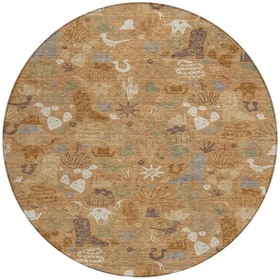 8' Copper And Beige Round Cactus Washable Indoor Outdoor Area Rug Photo 4