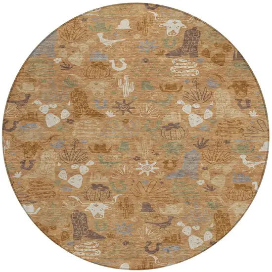 8' Copper And Beige Round Cactus Washable Indoor Outdoor Area Rug Photo 2