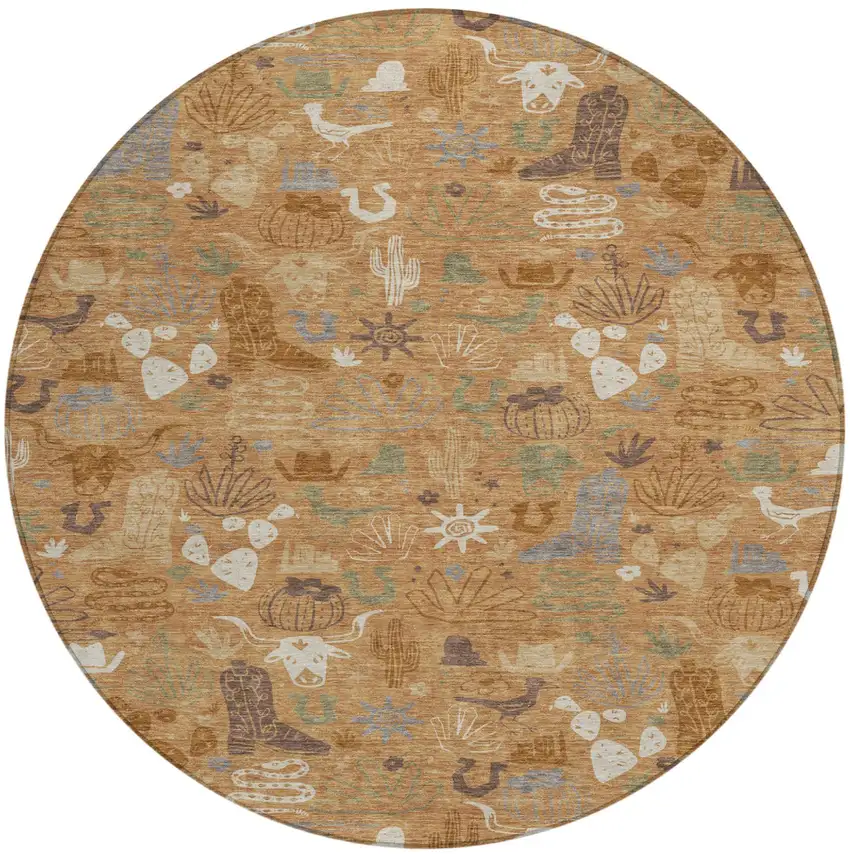 8' Copper And Beige Round Cactus Washable Indoor Outdoor Area Rug Photo 2