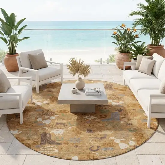 8' Copper And Beige Round Cactus Washable Indoor Outdoor Area Rug Photo 1