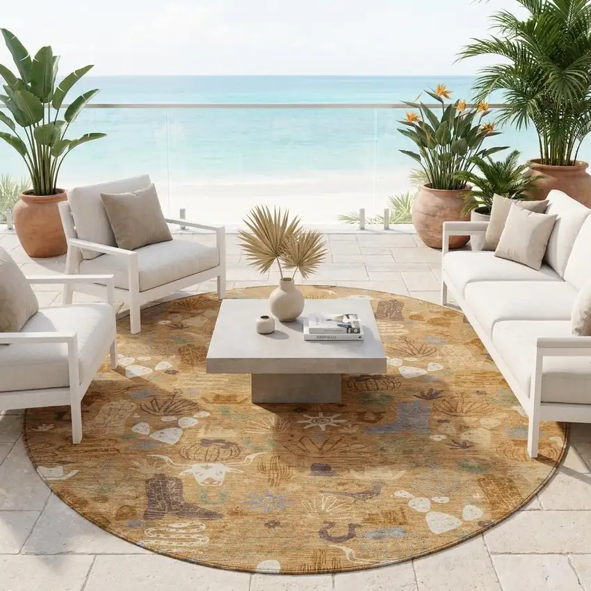 8' Copper And Beige Round Cactus Washable Indoor Outdoor Area Rug Photo 1