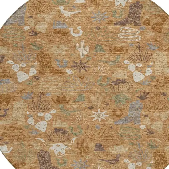 8' Copper And Beige Round Cactus Washable Indoor Outdoor Area Rug Photo 3