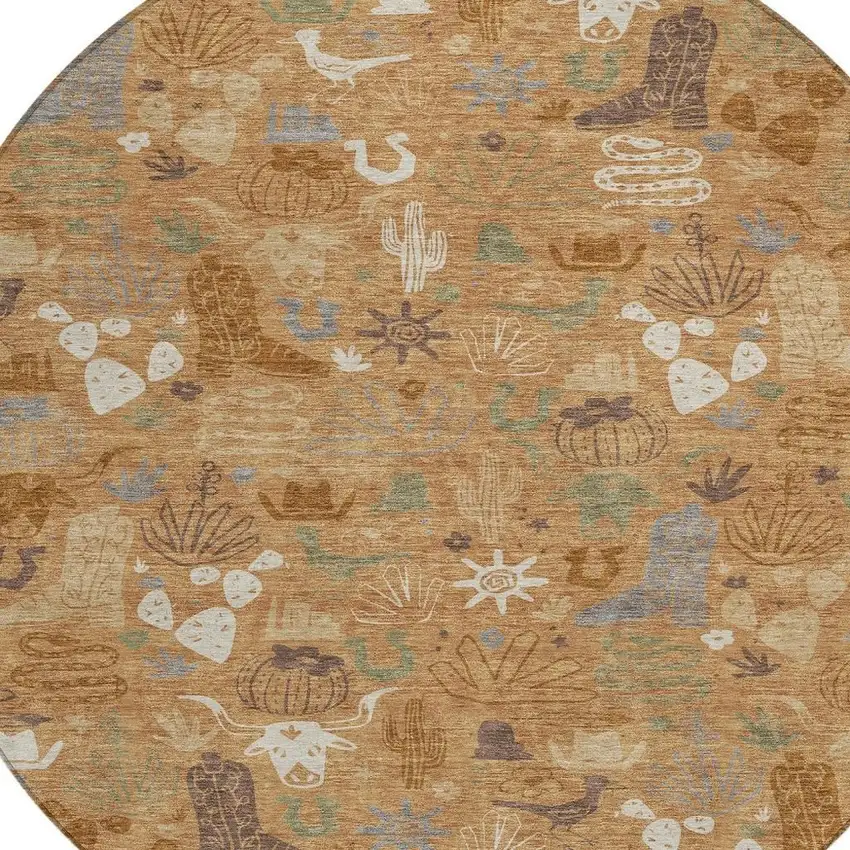 8' Copper And Beige Round Cactus Washable Indoor Outdoor Area Rug Photo 3
