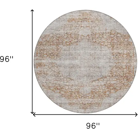 8' Copper And Beige Round Floral Washable Indoor Outdoor Area Rug Photo 9
