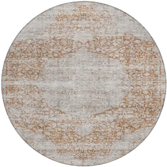8' Copper And Beige Round Floral Washable Indoor Outdoor Area Rug Photo 2