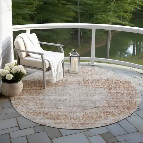 8' Copper And Beige Round Floral Washable Indoor Outdoor Area Rug Photo 7