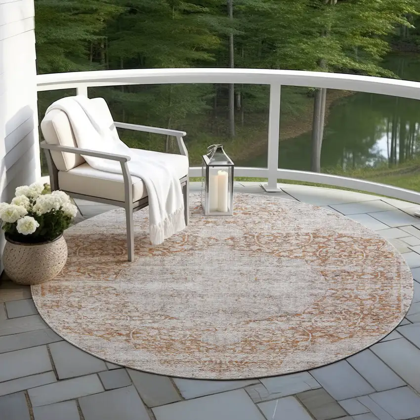 8' Copper And Beige Round Floral Washable Indoor Outdoor Area Rug Photo 7