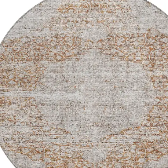 8' Copper And Beige Round Floral Washable Indoor Outdoor Area Rug Photo 5