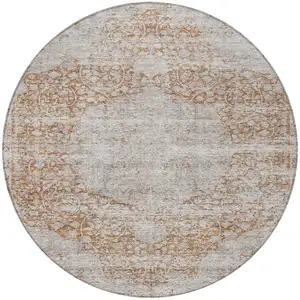 Photo of 8' Copper And Beige Round Floral Washable Indoor Outdoor Area Rug