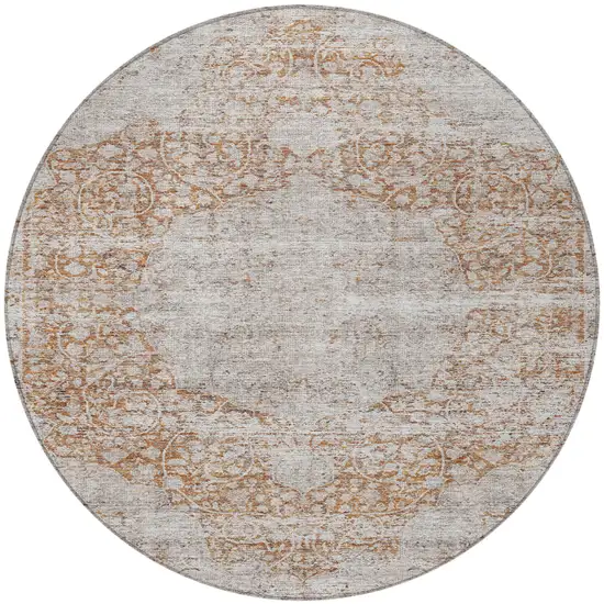 8' Copper And Beige Round Floral Washable Indoor Outdoor Area Rug Photo 6