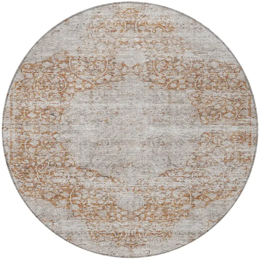 8' Copper And Beige Round Floral Washable Indoor Outdoor Area Rug Photo 6