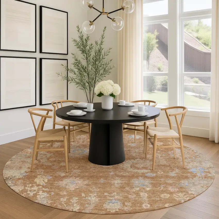 8' Copper And Beige Round Floral Washable Indoor Outdoor Area Rug Photo 9
