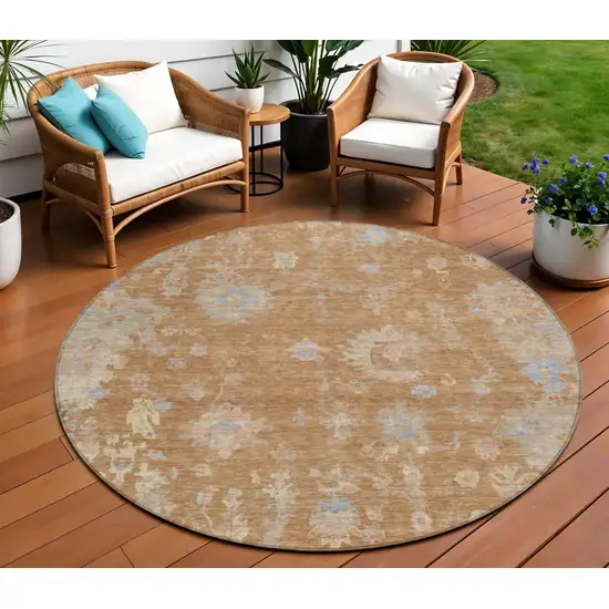 8' Copper And Beige Round Floral Washable Indoor Outdoor Area Rug Photo 1