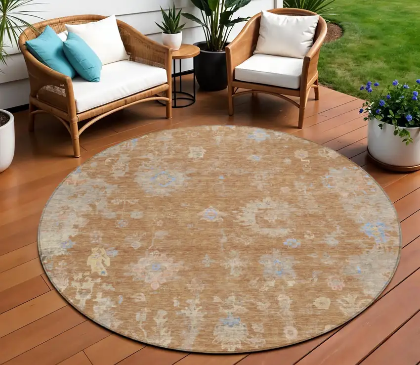 8' Copper And Beige Round Floral Washable Indoor Outdoor Area Rug Photo 1