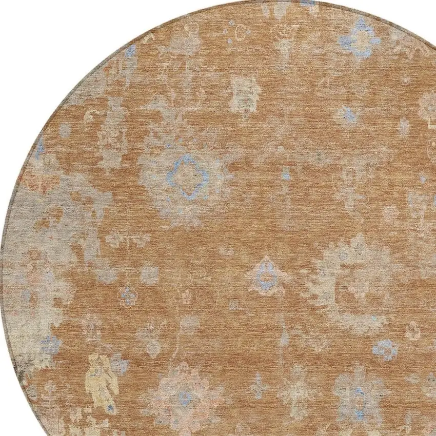 8' Copper And Beige Round Floral Washable Indoor Outdoor Area Rug Photo 7