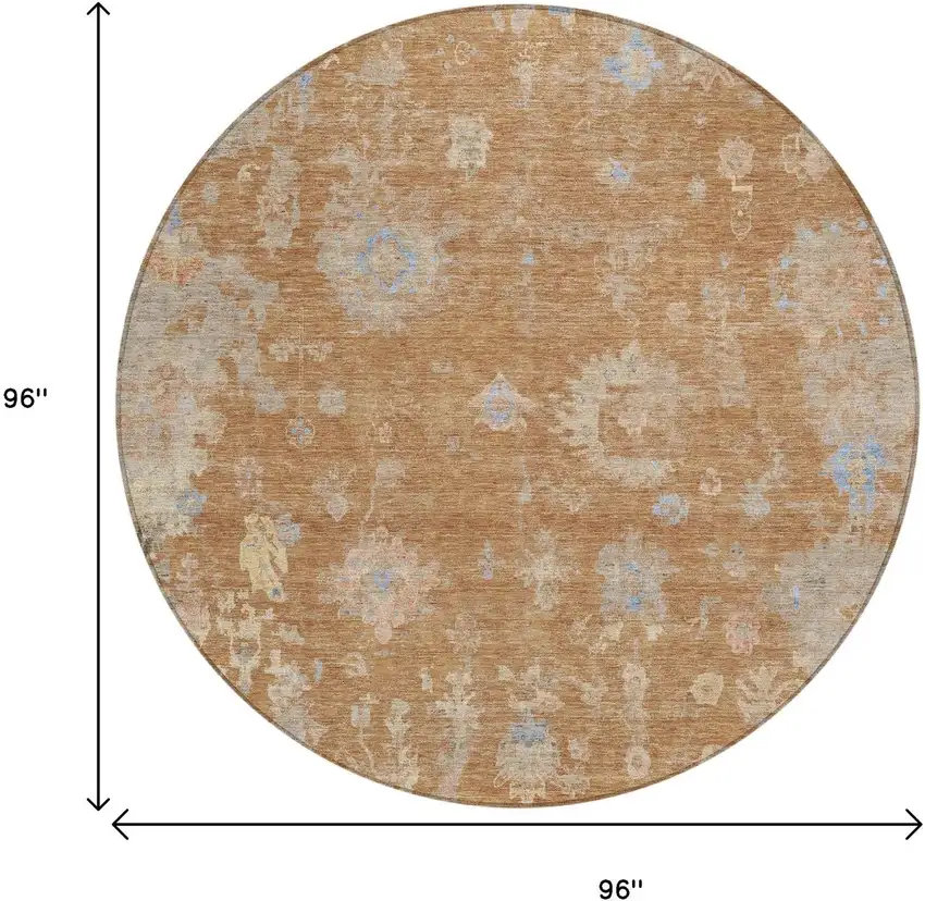 8' Copper And Beige Round Floral Washable Indoor Outdoor Area Rug Photo 3