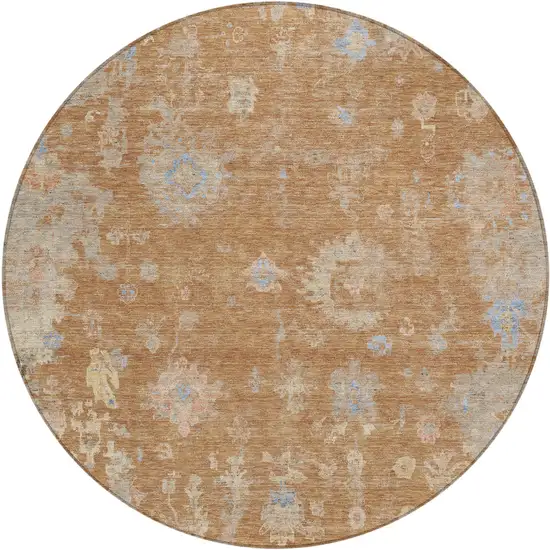 8' Copper And Beige Round Floral Washable Indoor Outdoor Area Rug Photo 2