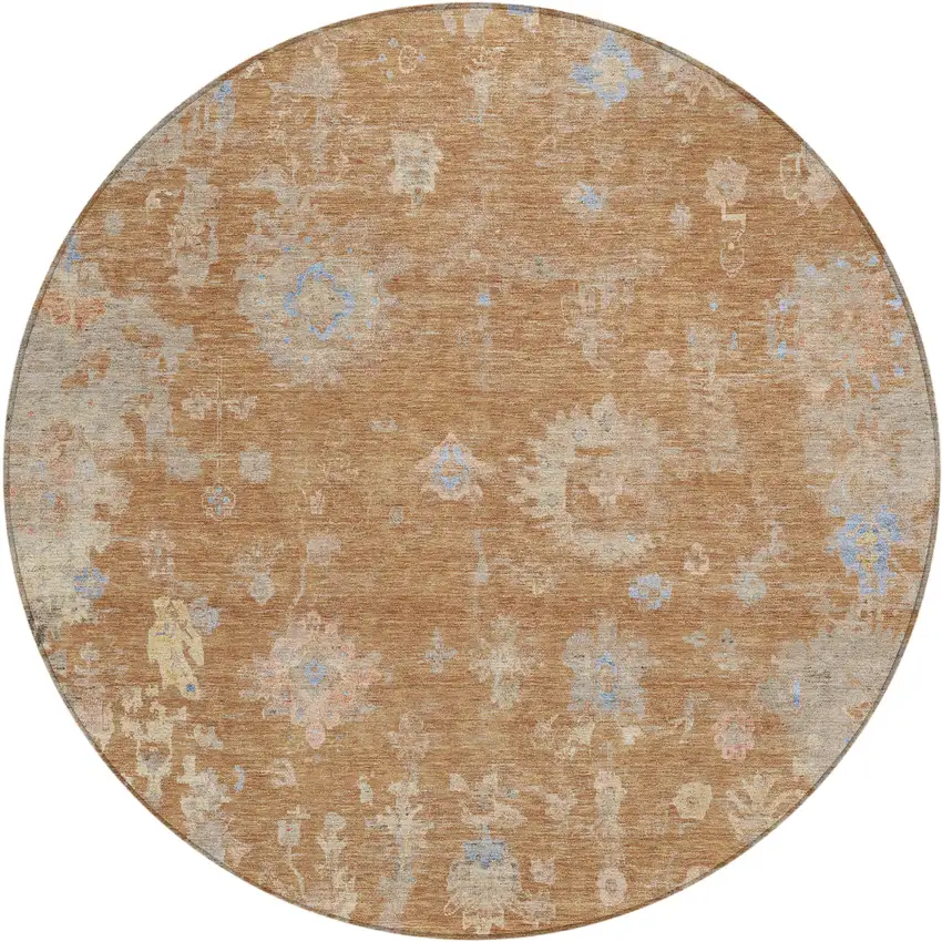 8' Copper And Beige Round Floral Washable Indoor Outdoor Area Rug Photo 2