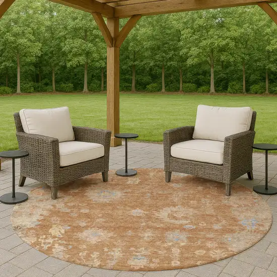 8' Copper And Beige Round Floral Washable Indoor Outdoor Area Rug Photo 8