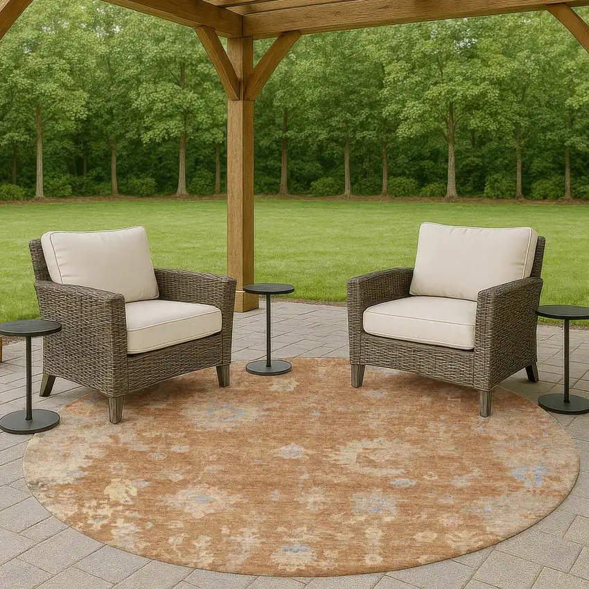 8' Copper And Beige Round Floral Washable Indoor Outdoor Area Rug Photo 8