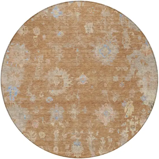 8' Copper And Beige Round Floral Washable Indoor Outdoor Area Rug Photo 4