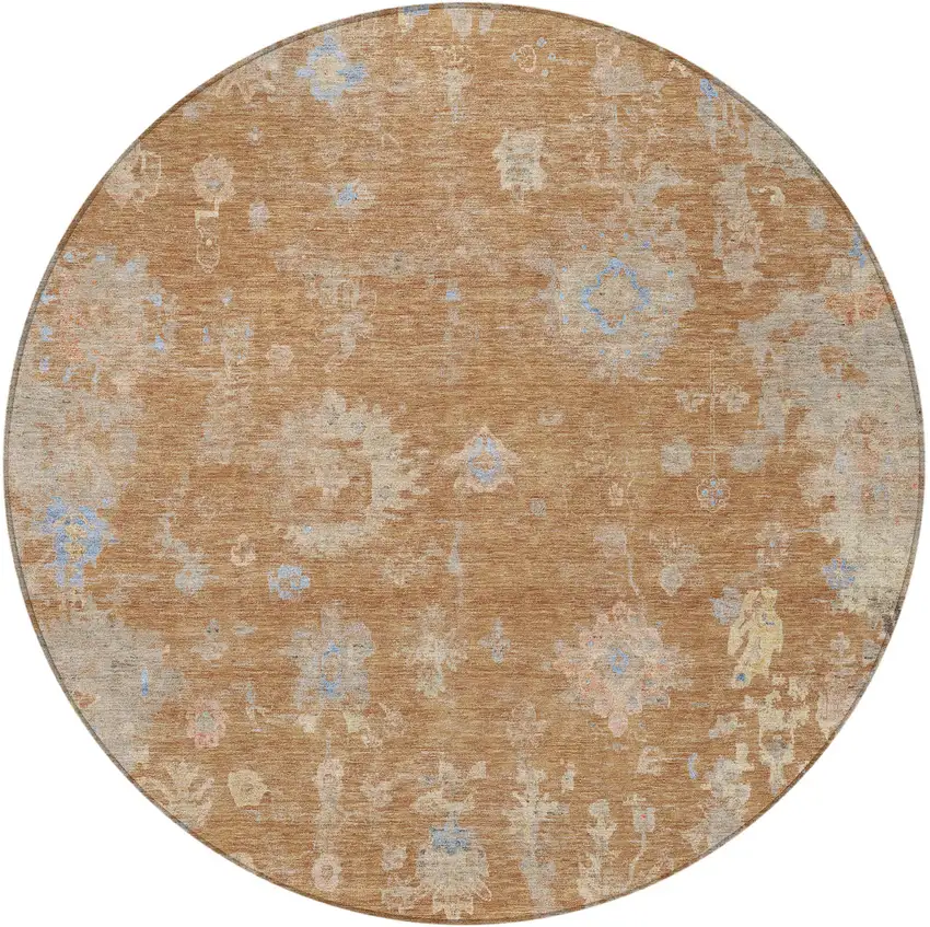 8' Copper And Beige Round Floral Washable Indoor Outdoor Area Rug Photo 4