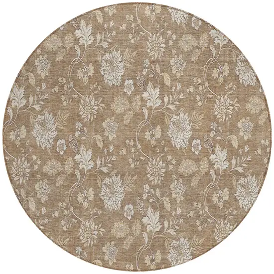 8' Copper And Beige Round Floral Washable Indoor Outdoor Area Rug Photo 5