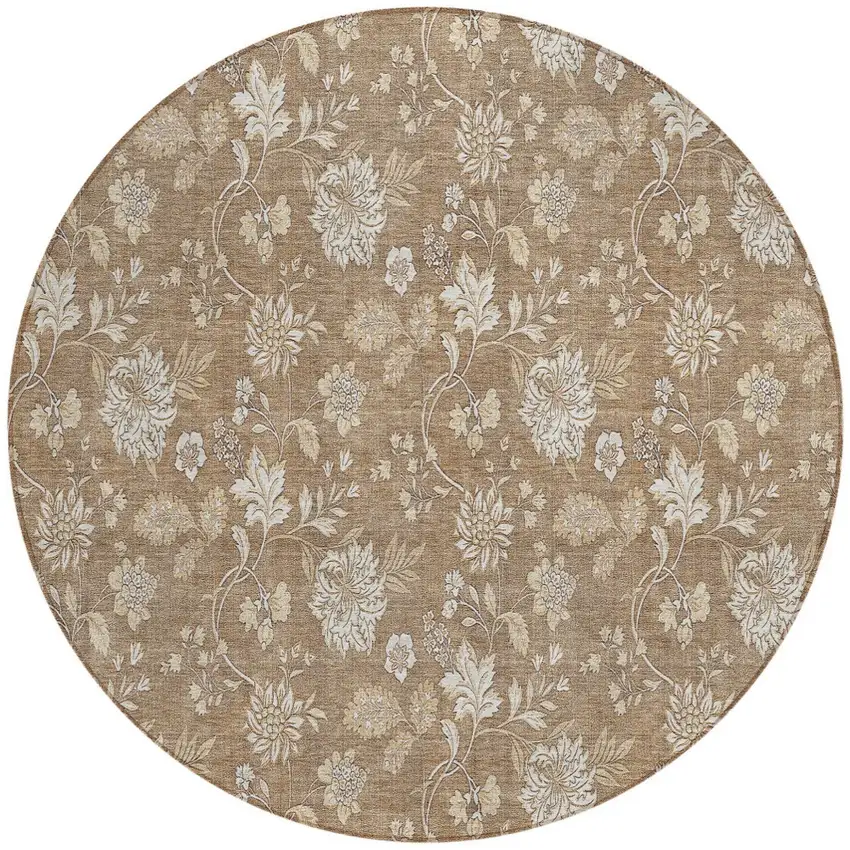 8' Copper And Beige Round Floral Washable Indoor Outdoor Area Rug Photo 5
