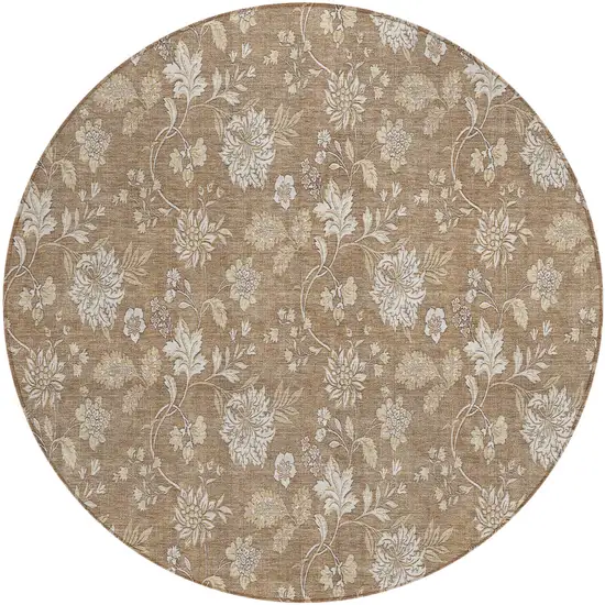 8' Copper And Beige Round Floral Washable Indoor Outdoor Area Rug Photo 2
