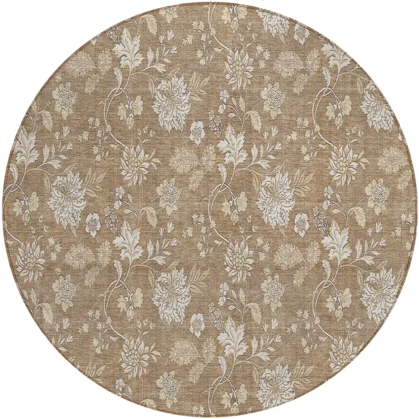 8' Copper And Beige Round Floral Washable Indoor Outdoor Area Rug Photo 2