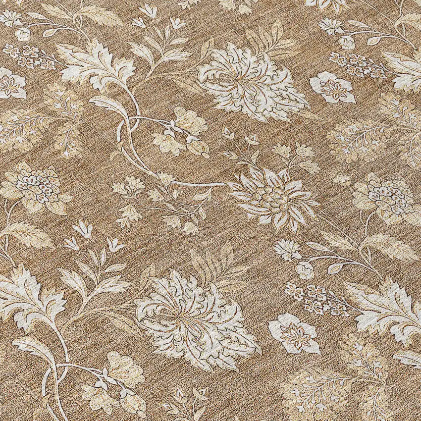 8' Copper And Beige Round Floral Washable Indoor Outdoor Area Rug Photo 8