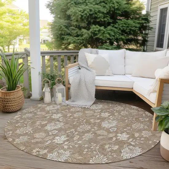 8' Copper And Beige Round Floral Washable Indoor Outdoor Area Rug Photo 6