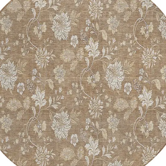 8' Copper And Beige Round Floral Washable Indoor Outdoor Area Rug Photo 4