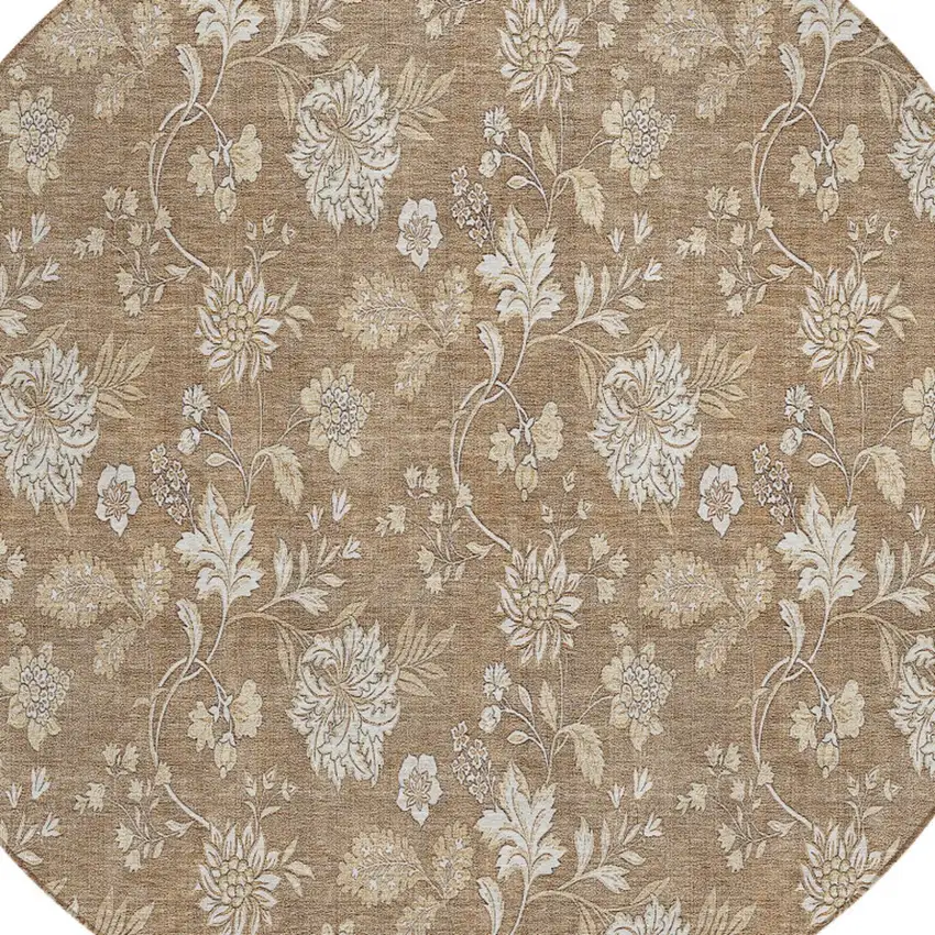 8' Copper And Beige Round Floral Washable Indoor Outdoor Area Rug Photo 4