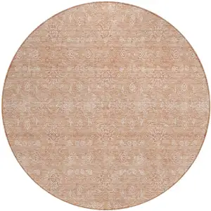Photo of 8' Copper And Beige Round Floral Washable Indoor Outdoor Area Rug