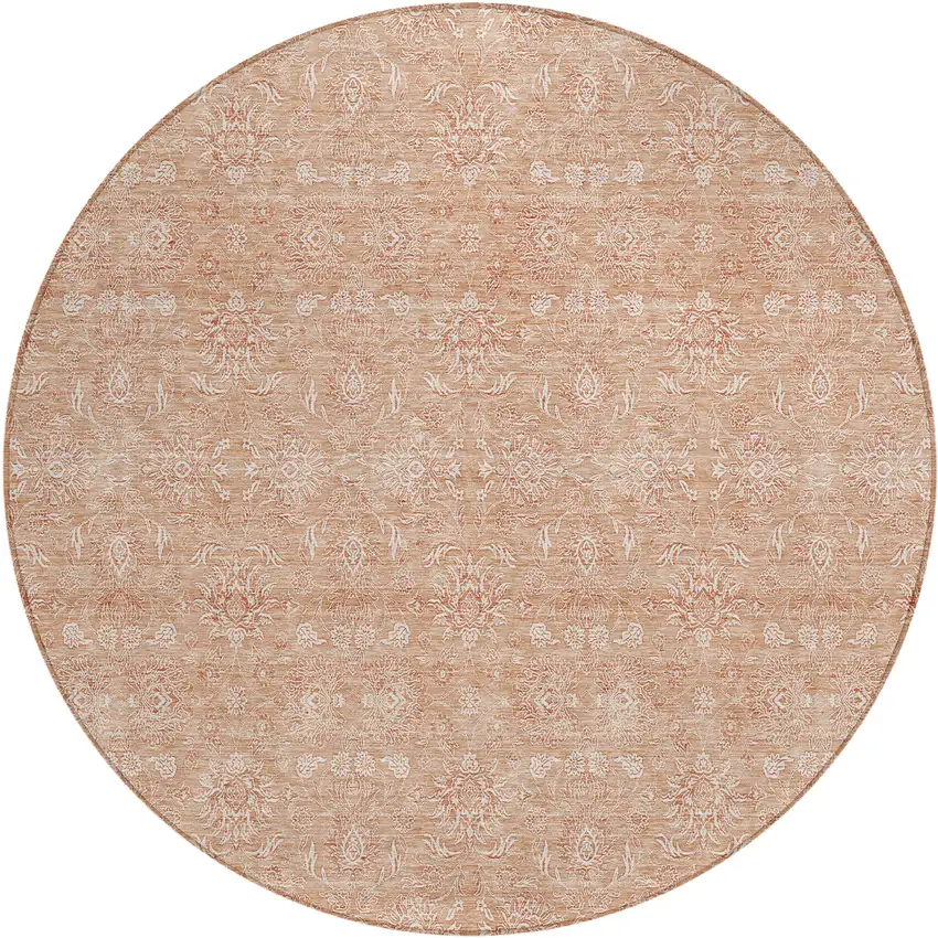 8' Copper And Beige Round Floral Washable Indoor Outdoor Area Rug Photo 1