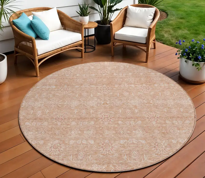 8' Copper And Beige Round Floral Washable Indoor Outdoor Area Rug Photo 1