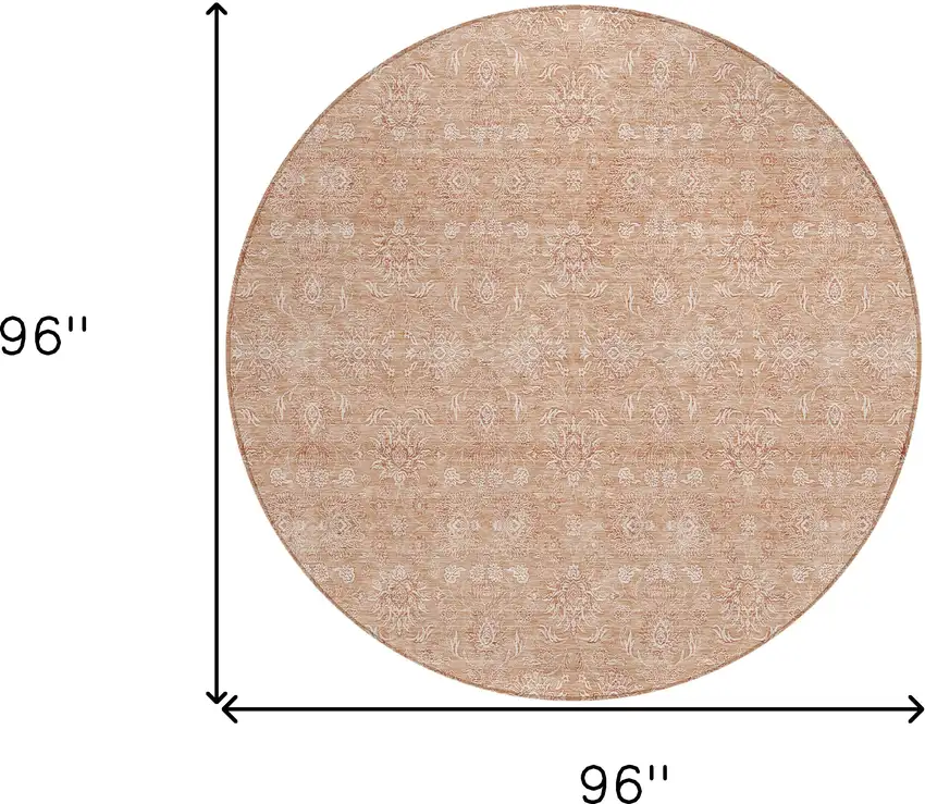 8' Copper And Beige Round Floral Washable Indoor Outdoor Area Rug Photo 7